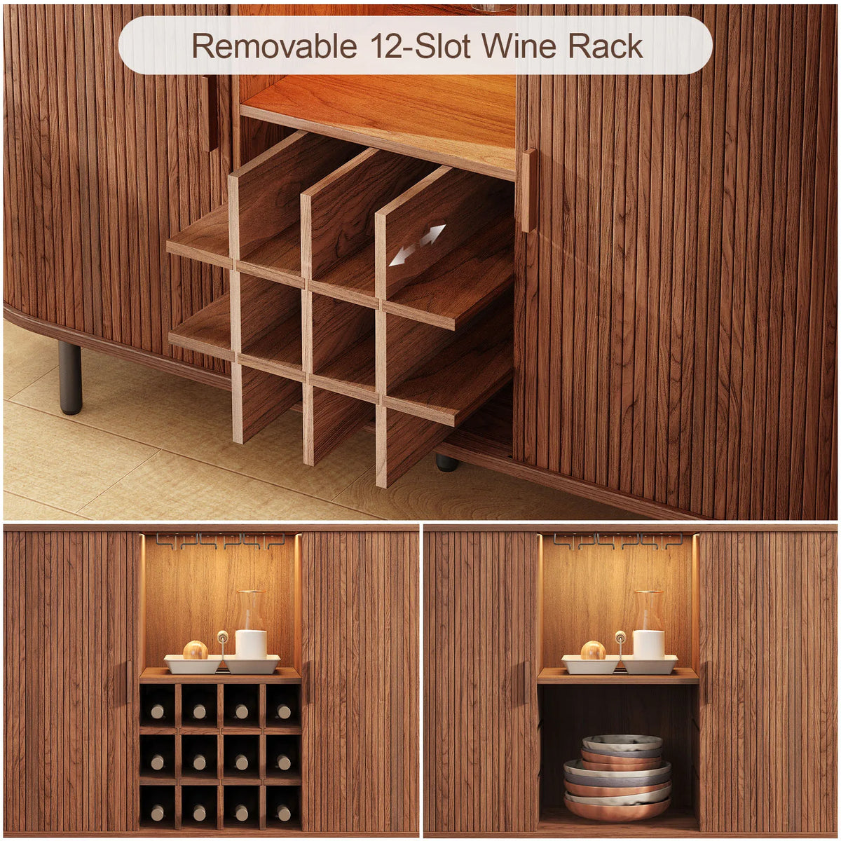 Barschrank mit LED-Beleuchtung, Weinregal und Glashaltern
