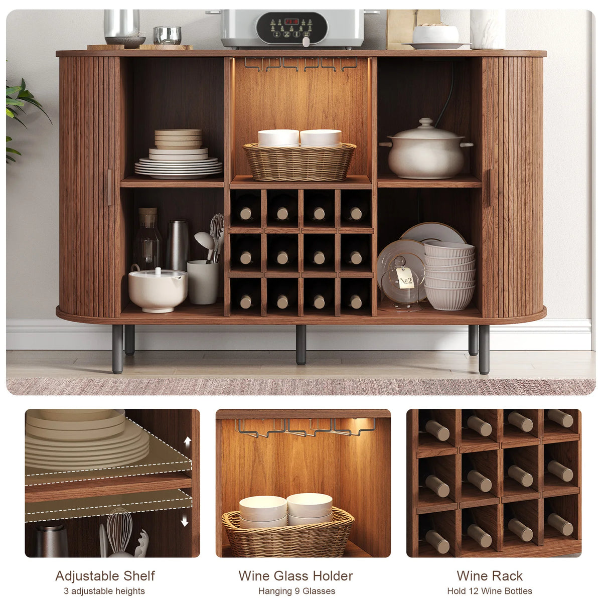 Barschrank mit LED-Beleuchtung, Weinregal und Glashaltern