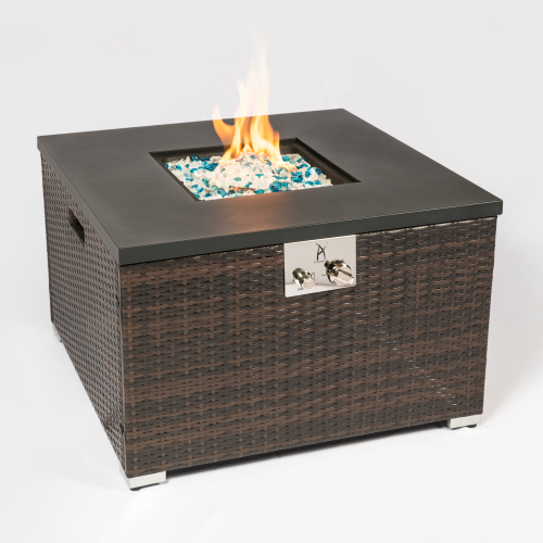Outdoor Gas Feuerstelle Quadrat Dunkelbraune Korb Feuerstelle Tisch